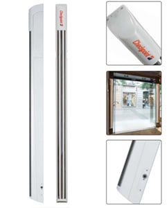 Close up image of Evolve S10 and how it looks placed on top of a store door.