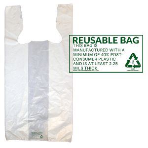 White, 2.25 Mil Heavy duty Reusable T-Shirt Bags, 12" x 7" x 23"