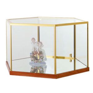 Oak/Gold Frame, Hexagon Freestanding Jewelry Display Case Top